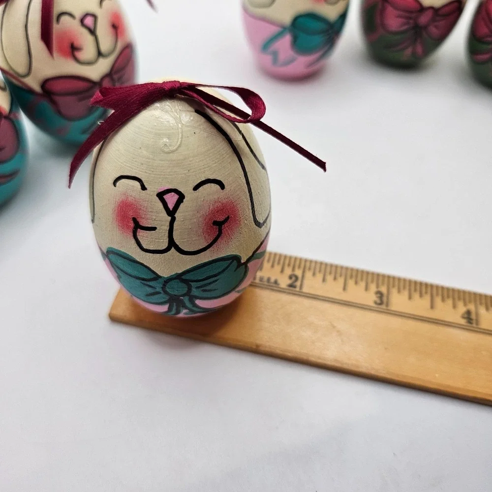 Set of 6 Hand Painted Wooden Easter Bunny Eggs Folk Art Rabbit Shelf Table Decor